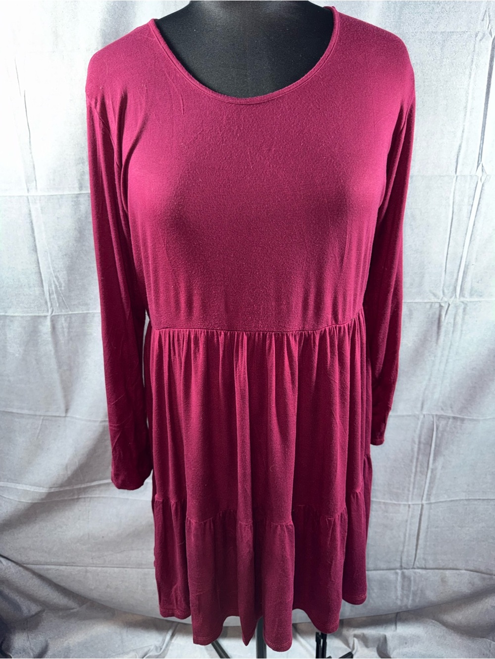 2675-French Atmosphere Long-Sleeve Tiered Dress in Deep Wine